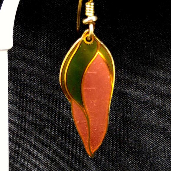 Laurel Burch "Barbee's Blossom" Earrings, Green & Dusty Pink, Gold Plated, 1980s - Picture 8 of 10